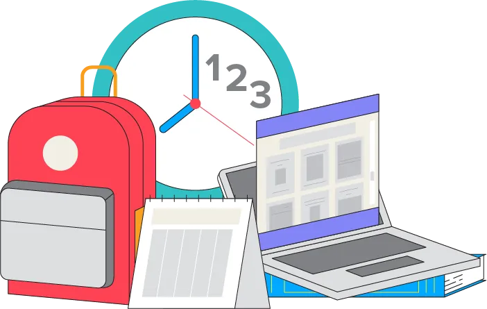 Graphic of a backpack, clock, and laptop